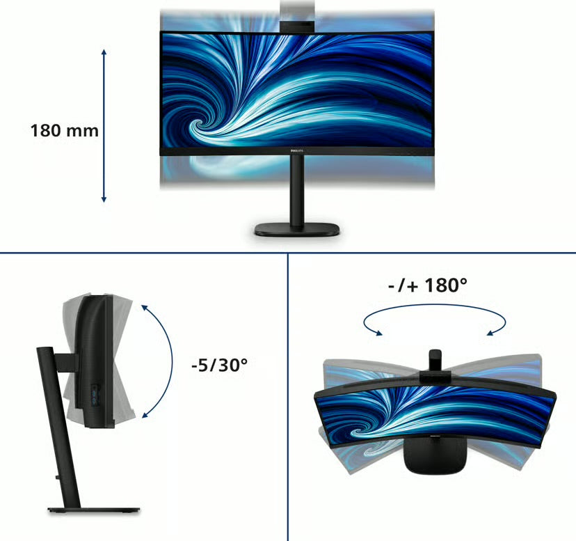Philips 3000 Series 34B2U3600CH – Ultrawide USB-C Dock Monitor met Webcam | 90W | Smart KVM | RJ45 | 34 inch