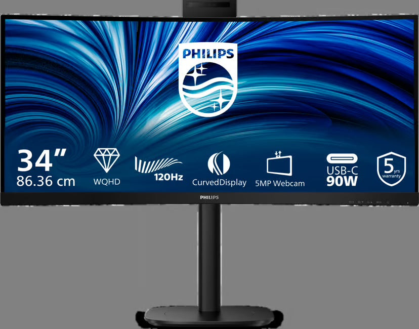 Philips 3000 Series 34B2U3600CH – Ultrawide USB-C Dock Monitor met Webcam | 90W | Smart KVM | RJ45 | 34 inch