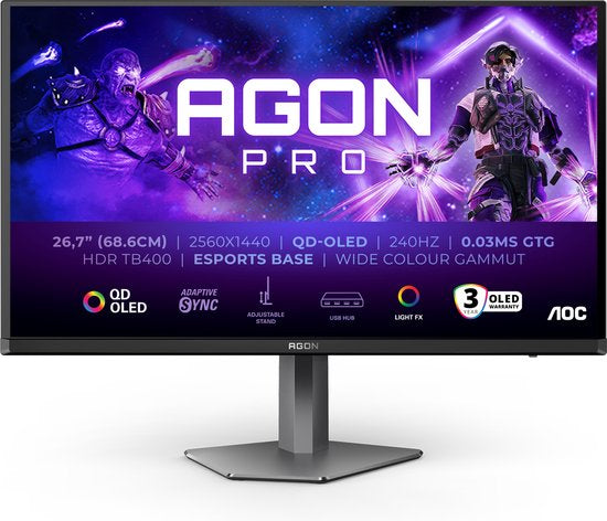 AOC AGON PRO AG276QZD2 - QHD OLED Gaming Monitor - 280Hz - Esports Base - HDMI 2.1 - USB-hub - 27 inch