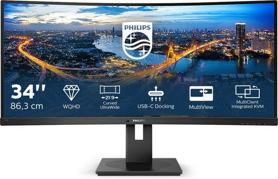 Philips 346B1C - QHD Ultrawide Monitor - USB-C 90W - KVM-Switch - RJ45 - Powersensor - Lichtsensor - 34 Inch - 100hz