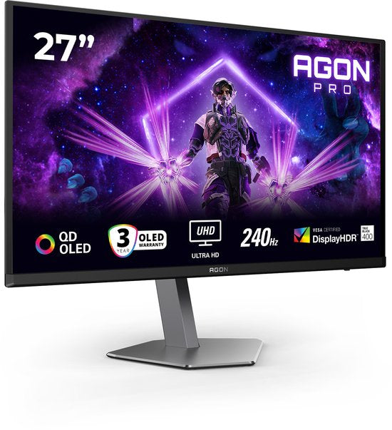 AOC AGON PRO AG276UZD - 4K QD-OLED Gaming Monitor - USB-C 65w - DisplayPort 2.1 - HDMI 2.1 - 240hz - 27 inch