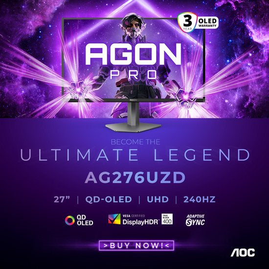 AOC AGON PRO AG276UZD - 4K QD-OLED Gaming Monitor - USB-C 65w - DisplayPort 2.1 - HDMI 2.1 - 240hz - 27 inch