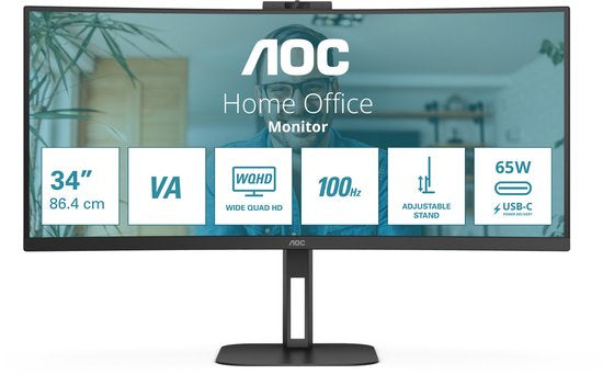 AOC V5 CU34V5CW - QHD Curved Ultrawide Monitor - USB-C - 65w - Webcam - 34 inch