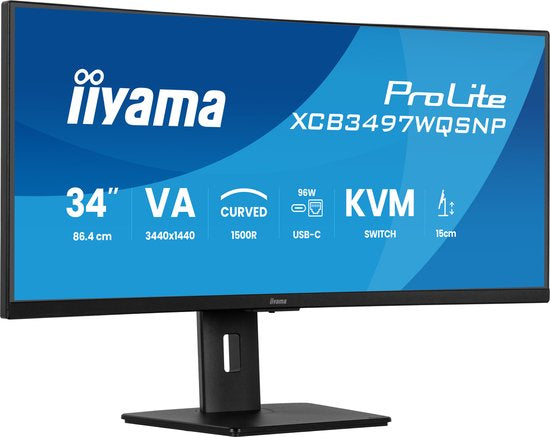 iiyama ProLite XCB3497WQSNP‑B1 – 34 inch WQHD Curved VA Monitor met USB‑Hub & USB‑C Dock