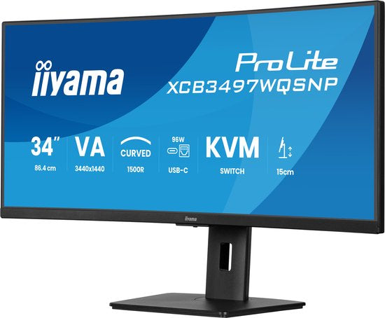 iiyama ProLite XCB3497WQSNP‑B1 – 34 inch WQHD Curved VA Monitor met USB‑Hub & USB‑C Dock
