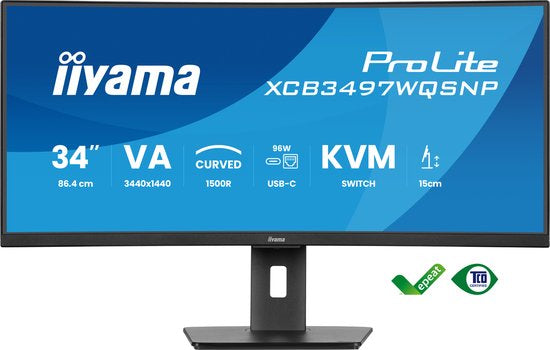 iiyama ProLite XCB3497WQSNP‑B1 – 34 inch WQHD Curved VA Monitor met USB‑Hub & USB‑C Dock